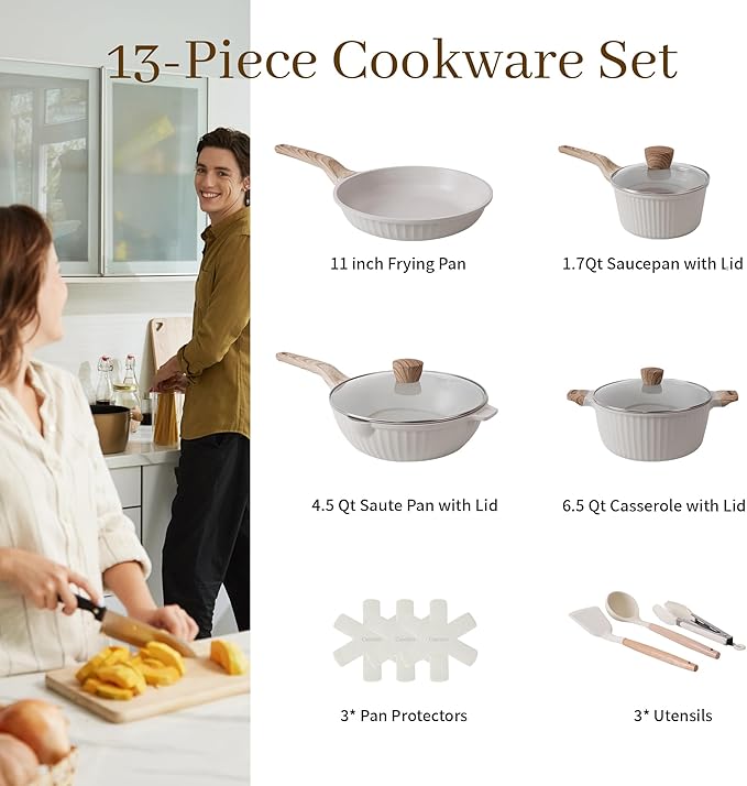 Pots and Pans Set Non Stick, 13Pcs Kitchen Cookware Sets, Granite Stone Induction Cookware Non Stick Cooking Set w/Frying Pans, Saucepans, Saut챕 Pan (PFOA Free), Cream White