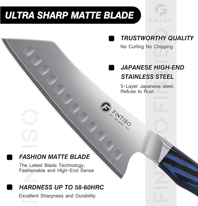 FINTISO 7 Inch Santoku Knife, Ultra Sharp Chef Knife with G10 Handle, High-End 5 Layers 10Cr15CoMoV Japanese Stainless Steel Kitchen Knife, Professional Cutting Knife for Vegetables and Meat