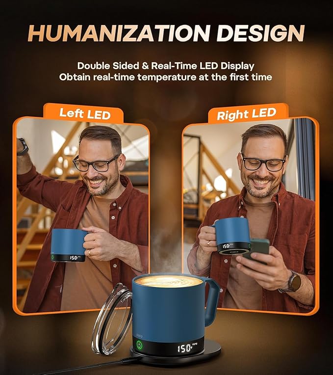 Heated Coffee Mug Rechargeable - Temperature Control Self Heating Coffee Mug 14oz with Lid, Double Sided & Real-Time LED Display, Hot up to 150?? Birthday Gifts for Women and Men(Blue)