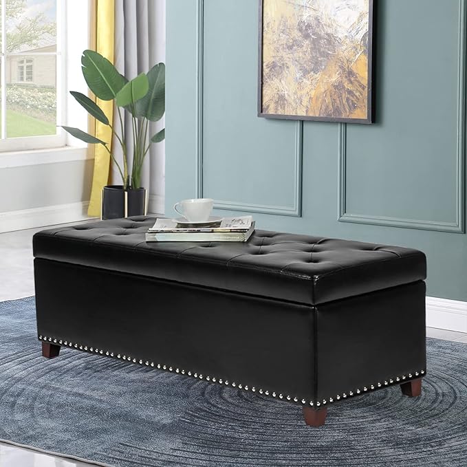 Joveco 47 Inch Storage Ottoman Bench,Tufted Leather Storage Bench with Nailhead Trim for Bedroom (47??Black)