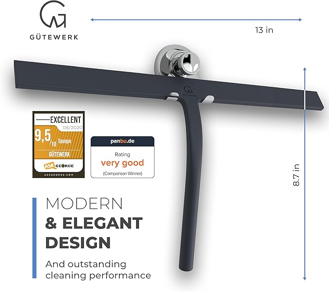 G횥TEWERK Shower Squeegee for Glass Doors, Silicone Window Squeegee, Bathroom and Glass Cleaning - Black - 13 Inch