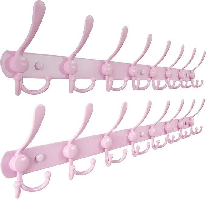 Dseap Coat Rack Wall Mount - 29.5??Long 8-Tri-Hooks Heavy Duty Coat Hanger Rail Wall Hooks for Hanging Coats Hats Clothing Clothes Purse Mudroom Entryway, Pink, Pack of 2