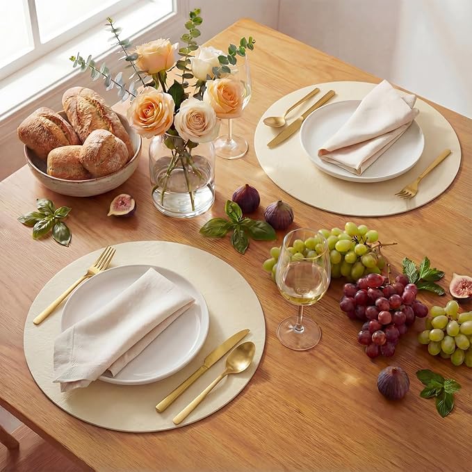 Artoid Mode Beige Faux Leather Placemats Set of 6, 15 Inch Waterproof Wipeable Heat Resistant Place Mats, Reversible Table Mats for Kitchen Dining Decor