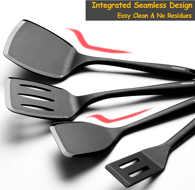 Silicone Spatula Set, 600째F Heat Resistant Silicone Spatula Turner Flipper for Cooking, Non Stick and Non Scratch Kitchen Utensils for Eggs & Pancakes, 4 Pack, Black