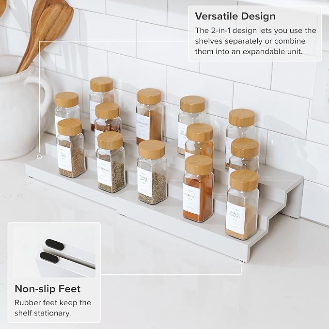 KitchenEdge Expandable Spice Rack Organizer for Cabinet, 3-Tier Shelf for Spice Organization (11??to 22??, Fits 36 Spice Jars, Seasoning and Pantry Storage, Non-Slip Feet, 100% Bamboo, White Finish