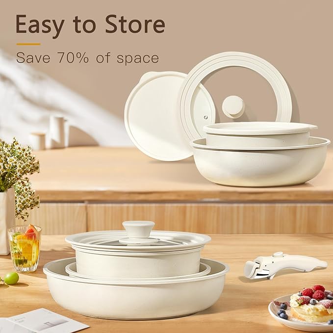 GiPP Ceramic Pots and Pans Set Non Stick, Nonstick Detachable Handle Cookware Sets, Healthy Non Toxic PFAS PFOA & PTFE Free, Dishwasher 竊냀ven Safe, Induction Kitchen Pot and Pan, 21 Piece Cream