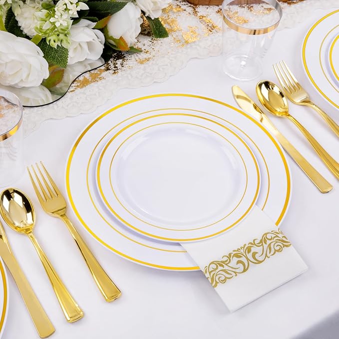 I00000 700Pcs Gold Dinnerware Set for 100 Guests, Plastic Plates for Party, Include: 100 Rim Dinner Plate, 100 Dessert Plate, 100 Paper Napkins, 100 Cups, 100 Gold Plastic Silverware Set