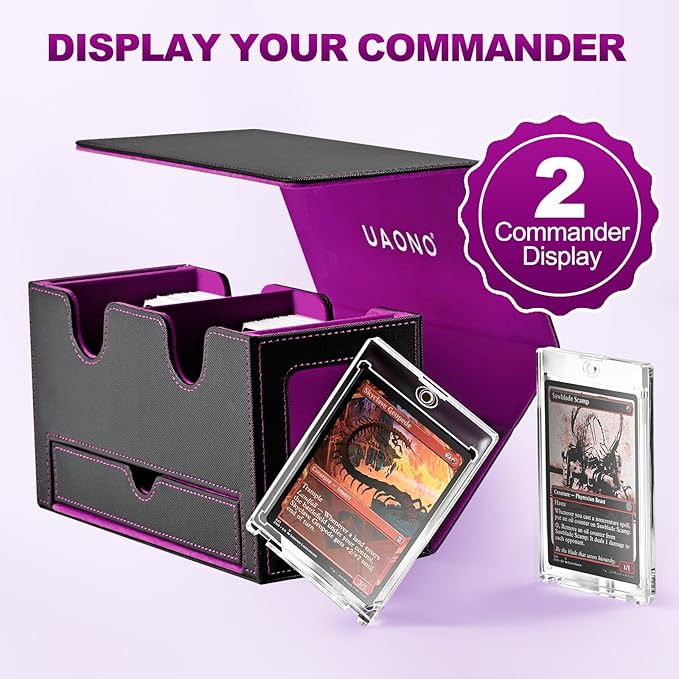 Card Deck Box for MTG, Double Card Storage Box with 2 Commander Display & 1 Dice Tray, Fits 200+ Double Sleeved Cards, Organizer for CCG TCG Sports Cards (Black Purple)