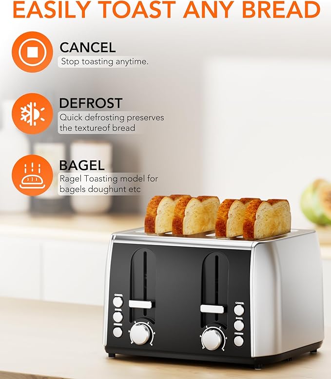 Cowsar 4 Slice Toaster, Compact Toaster with Extra Wide Slots for Toasting Bread, Bagel, Cancel/Bagel/Defrost Function, Dual Independent Controls, 6 Shade Settings, Removable Trays, Brushed Stainless