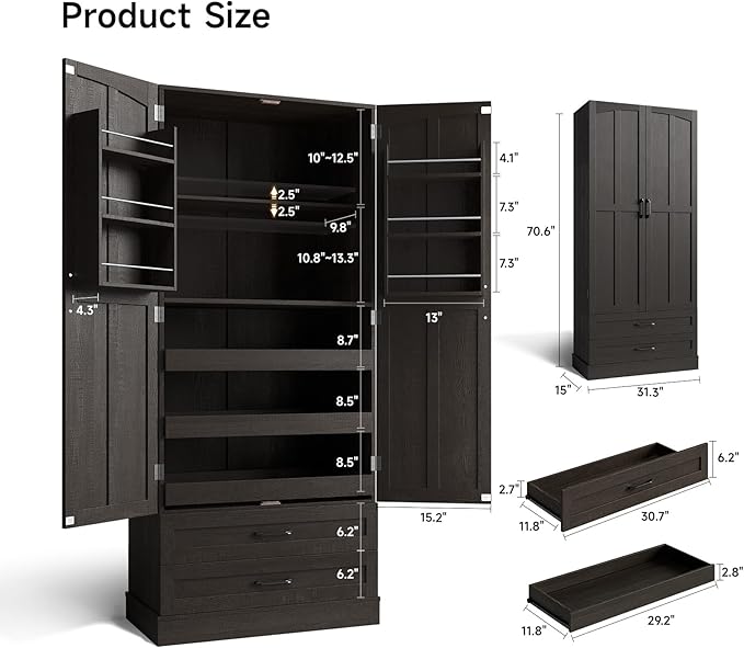 ONBRILL 71" Tall Farmhouse Kitchen Pantry Cabinet with 3 Pull Out Shelves & 2 Large Drawers, Pantry Storage Cabinet with 6 Door Shelf & Adjustable Shelf, Freestanding Cupboard for Kitchen, Dining Room