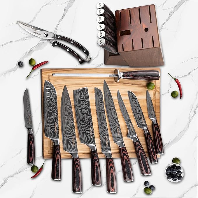 17-Piece Master Chef Knife Block Set ??Damascus Steel & Acacia Wood Block