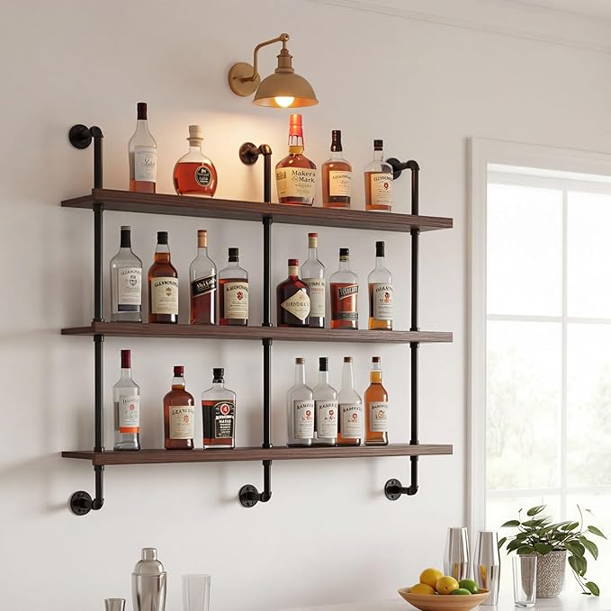59-inch Modern Wall-Mounted Wine Rack with LED Lights, 3-Tier Liquor Bottle Display Bar Shelves, Industrial Wine Rack Floating Shelf, Multifunctional Wine Storage Rack for Home, Kitchen or Bar Decor