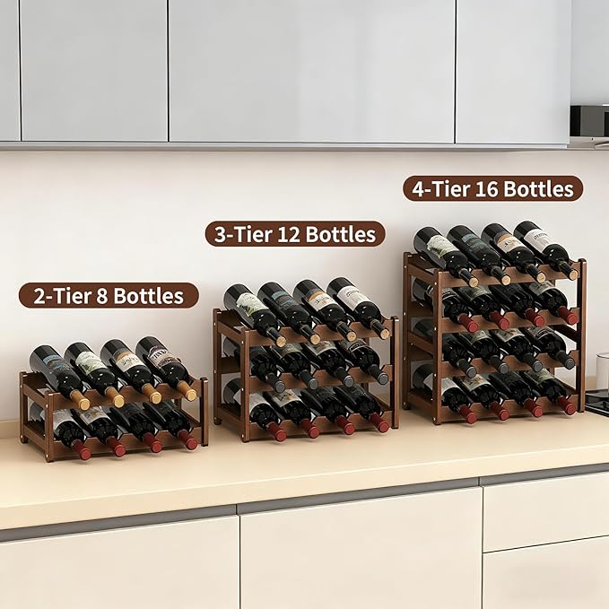Wine Rack 16-Bottle Capacity, Space-Saving Countertop Wine Storage Organizer ??Sturdy Bamboo Wine Holder for Kitchen, Bar,Cabinets & Pantry, Easy Access & Clutter-Free Organization(4-Tiers)