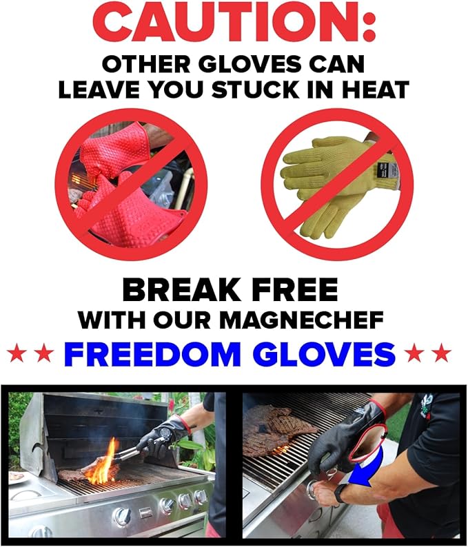 MagneCHEF Freedom BBQ Gloves ??932째F Extreme Heat Resistant Neoprene Grilling Gloves ??Patented Magnetic EZ On/Off Safety Clips ??Waterproof, 14??Long Cuff for Grills, Smokers, Fryers & Ovens