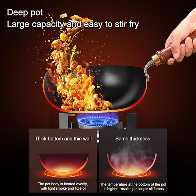 Carbon Steel Wok Pan, 11??Woks & Stir-Fry Pans with wooden Lid Cookwares, Nonstick Wok Flat Bottom Small Handmade Chinese Wok For for All Stoves