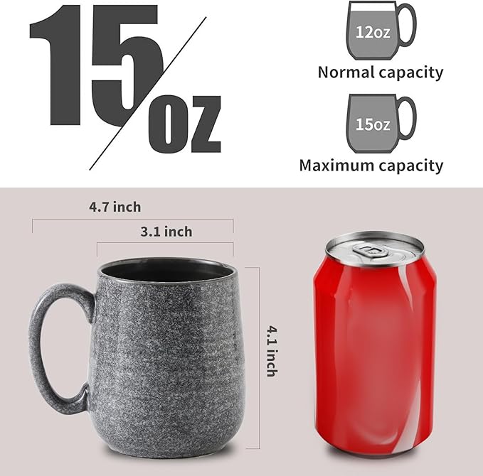 HASENSE Ceramic Coffee Mugs Set of 6, Large Coffee Cups 12 oz, Latte Mug with Large Handle for Coffee, Tea, Milk and Hot Cocoa, Easy Hold & Clean, Dishwasher & Microwave Safe, Grey