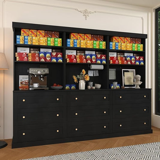 Vyre 71" Farmhouse Kitchen Pantry Cabinet Set of 3, Black Freestanding Coffee Bar Hutch with Drawers & Adjustable Shelves, Large Storage Cabinet with Microwave Stand for Living Room & Kitchen