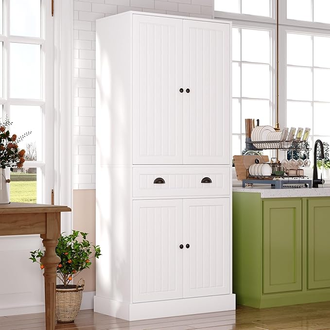 4 EVER WINNER 72" Tall Pantry Cabinet, Farmhouse Storage Cabinet with Adjustable Shelves and Drawers, Rustic Wood Cupboard for Kitchen, Dining, Living Room, White