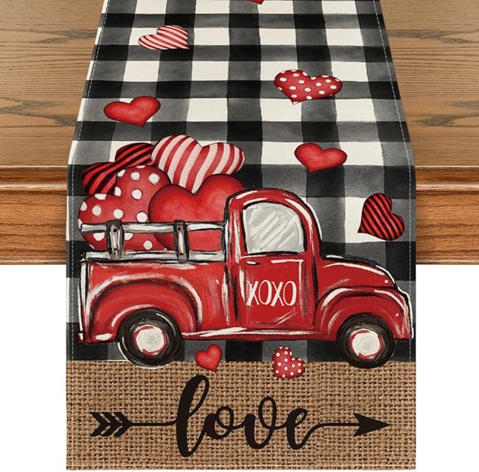 Artoid Mode Watercolor Buffalo Plaid Hearts Truck Love Valentine's Day Table Runner, Seasonal Anniversary Wedding Holiday Kitchen Dining Table Decoration for Indoor Outdoor Home Decor 13 x 108 Inch