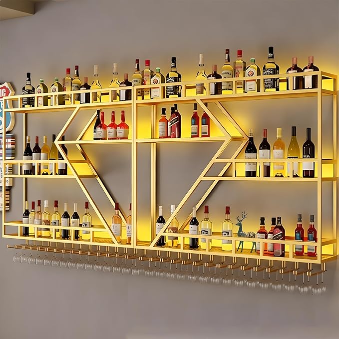 Metal Wine Rack Wall Mounted, Modern Wine Storage Rack Wall Mounted with Wine Glass Holder, Liquor Shelf, Bar Shelves for Liquor Bottles (3 Tiers Gold, 94.48 * 7.87 * 33.85INCH)