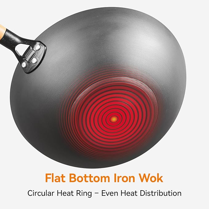 12.6" Carbon Steel Wok Pan, Flat Bottom Stir Fry Pan with Wooden Handle, Traditional Chinese Iron Cookware, Compatible with Gas, Electric & Induction Cooktops