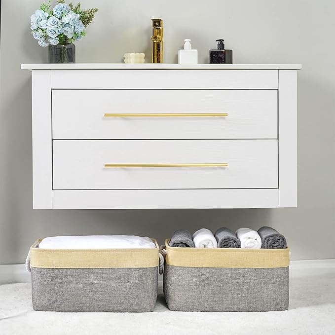 TheWarmHome Storage Basket - 15.7L횞11.8W횞8.3H 1 Pack Large Baskets for Organizing Shelves, Storage Bins for Clothes Book Shelf Home Fabric Storage Cubes (Gold and Grey)