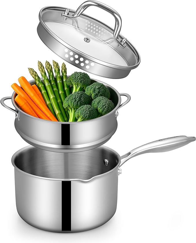 Tri-Ply Stainless Steel Sauce Pan with Steamer Basket & Strainer Glass Lid?밠ulti-Function Pot 3.5 QT- Modern Sleek Design?밪afe,Chemical-Free& Stylish Cookware?밬pgrade Your Kitchen with Healthy Cooking