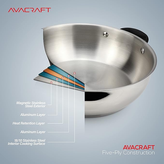 AVACRAFT 18/10 Stainless Steel Everyday Pan, Stir Fry Pan with Five-Ply Base, Chef?셲 Pan with Glass Lid, Multipurpose Stewpot Skillet, Saute Pan, Casserole in Pots and Pans (9 Inch)