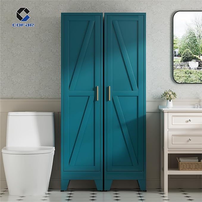 COFaR 67'' Tall Slim Bathroom Storage Cabinet, Metal Narrow Bathroom Cabinet with 4 Adjustable Shelves and One Door, Skinny Cabinet Storage for Kitchen Laundry, Peacock Blue Farmhouse 5 Tiers