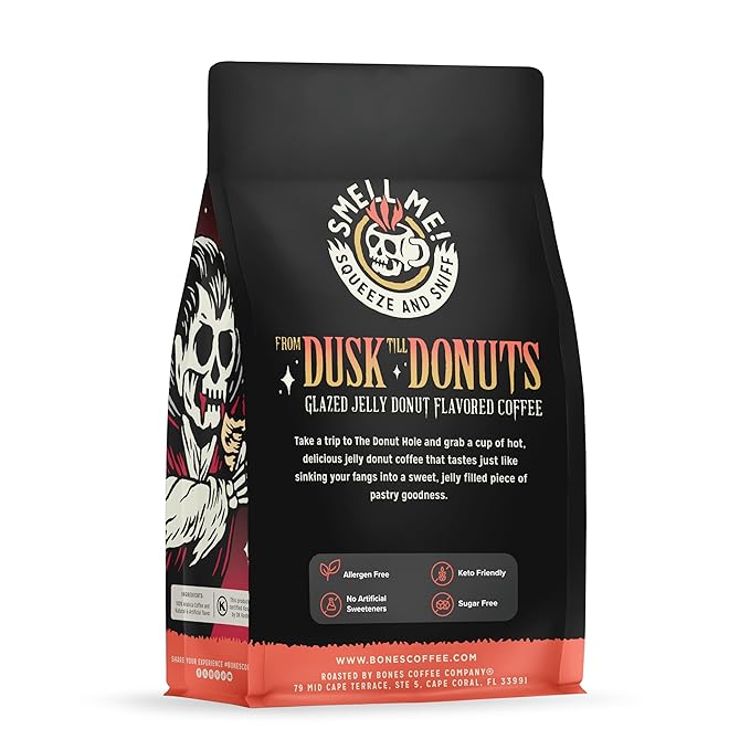 Bones Coffee Company From Dusk Till Donuts Jelly Donuts Flavored Coffee, Medium Roast Low Acid Arabica Beans Compatible with Auto drip and French Press Coffee Maker, 12 Oz Ground