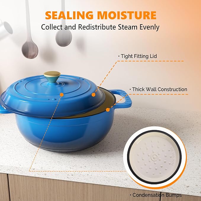 Bonnlo 6QT Round Dutch Oven, Enameled Cast Iron Dutch Oven Pot with Lid & Dual Handles, Oven Safe Up to 500째 F, for Sourdough, Bread Baking, Stews and Roasting (Blue)