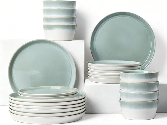 Dinnerware Sets for 8, Ceramic Plates and Bowls Set, Modern Artisan Dish Set, Microwave & Dishwasher Safe Dishware Set, Chip & Scratch Resistant Dinner Sets, Gradient Green
