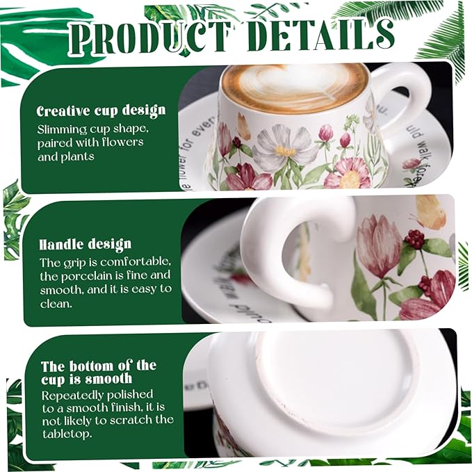 Teacup and Saucer Set with 2 Tea Cups and 2 Saucers Vintage Ceramic Espresso Coffee Mug for Coffee, Latte, Cappuccino