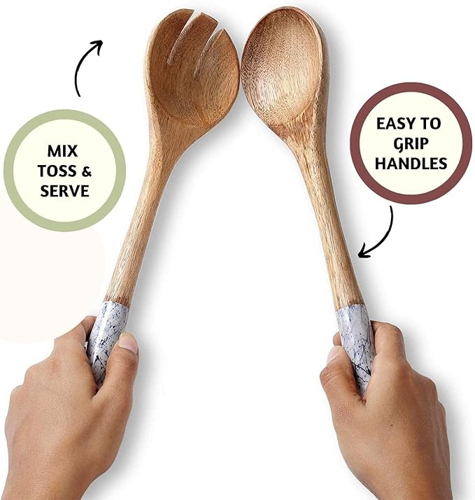 Folkulture Salad Servers or Salad Tongs | Set of 2 (12") Serving Spoons in Kitchen Essentials or Salad Hands Set | Wooden Salad Tongs for Serving | Christmas Gifts for Women Unique