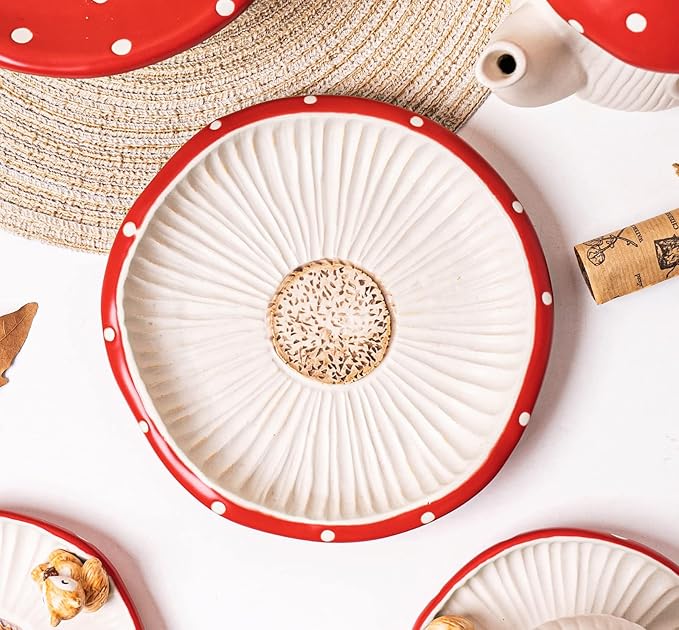 Mushroom Salad Plate, 8 in Polka Dot Safety Ceramic Dessert Appetizer Plates, Cute Dinner Plates, Dessert, Dish, Cake & More.