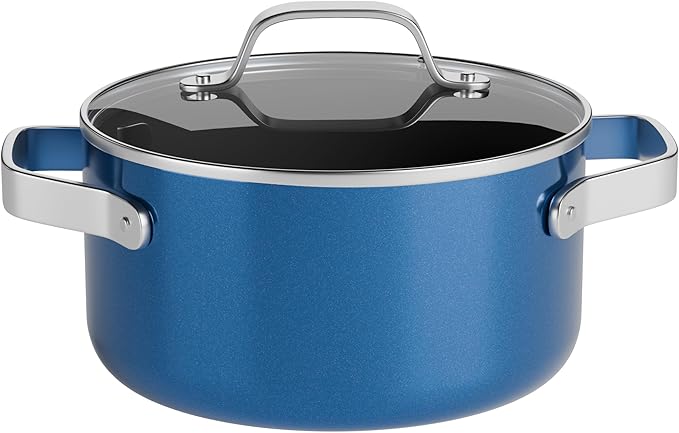 Bakken 5 Quart Ceramic Coated Stock Pot with Lid, Easy to Clean Nonstick Pot, Tempered Glass Lid, Riveted Stainless Steel Handles, Oven Safe Up To 500째F, PTFE & PFAS Free, All Stove Compatible, Blue