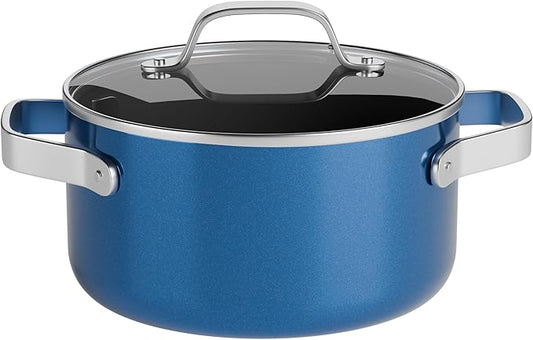 Bakken 5 Quart Ceramic Coated Stock Pot with Lid, Easy to Clean Nonstick Pot, Tempered Glass Lid, Riveted Stainless Steel Handles, Oven Safe Up To 500째F, PTFE & PFAS Free, All Stove Compatible, Blue