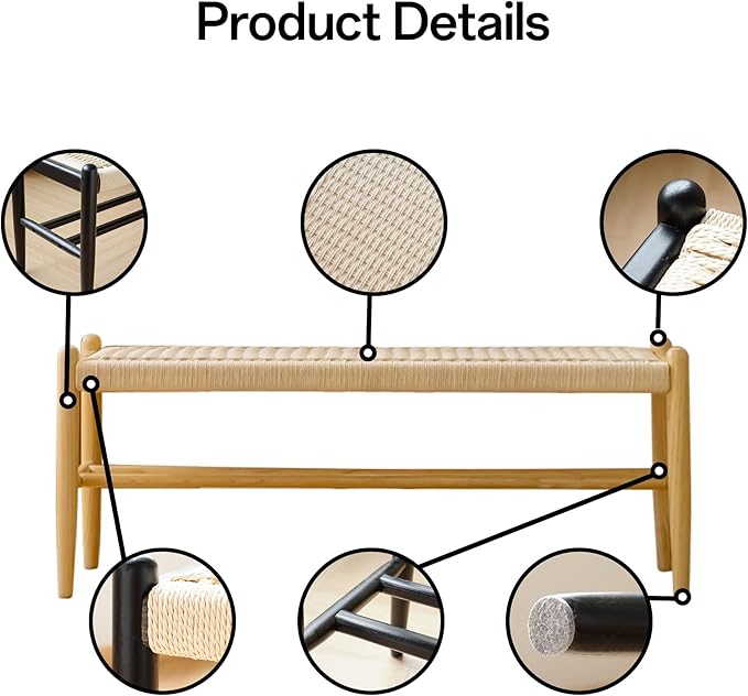 XINNAN Solid Wood Entryway Bench with Shoe Storage, Rustic Oak and Woven Design 45 Inch Long Seating for Living and Dining Rooms, Natural