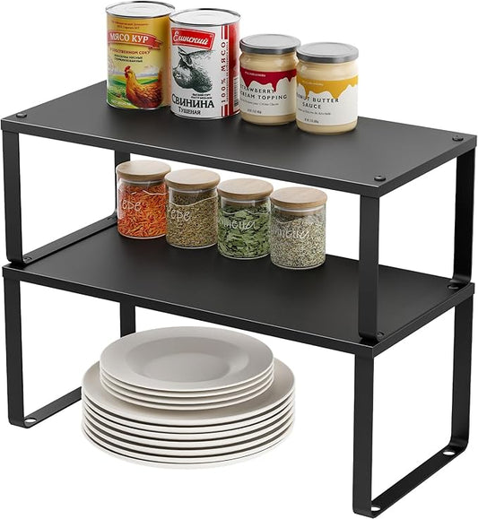 15.75" Long Stackable Expandable Metal Shelf Organizer For Kitchen Cabinet Counter Storage, Set of 2 Small Metal Storage Shelves Spice Rack For Kitchen Cupboard Countertop,Sturdy, 30LBS Heavy Duty