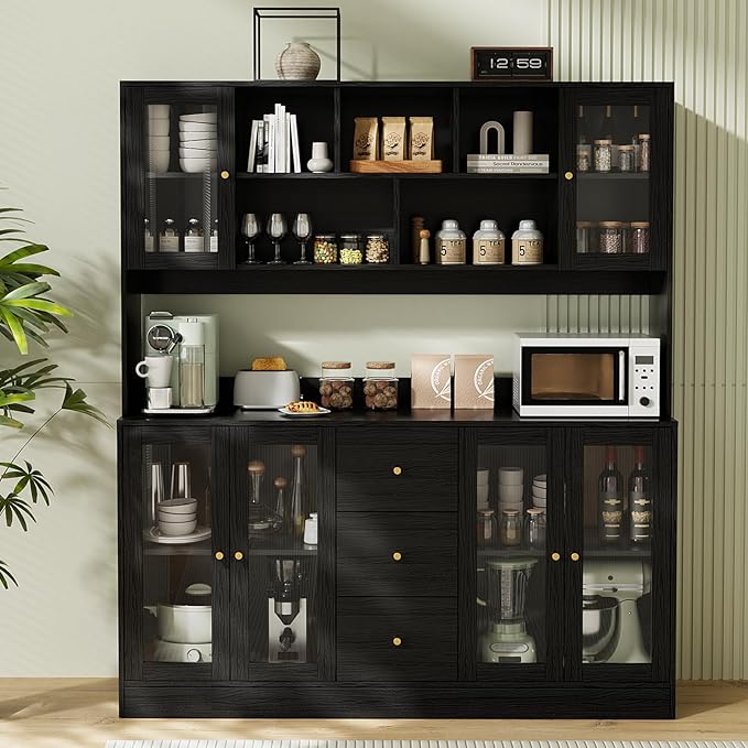 VOWNER Large Kitchen Hutch Cabinet, Kitchen Pantry Storage Cabinet with 6 Glass Doors, 3 Drawers & Microwave Shelf, Freestanding Cupboard for Open Storage (Black)