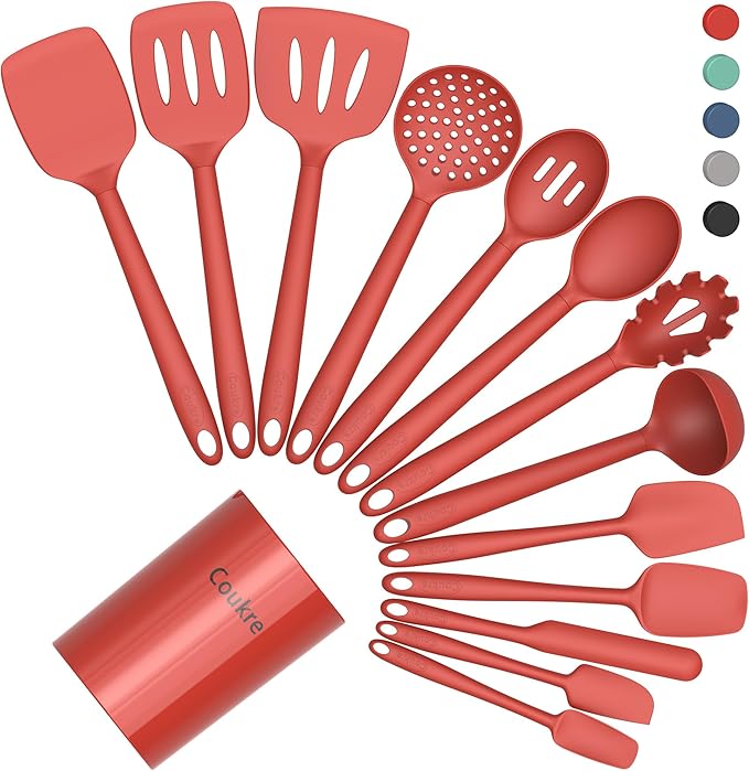 Coukre Silicone Kitchen Cooking Utensils Set with Holder ??Heat-Resistant, Food-Grade Kitchen Tools, Spatula, Spoon & Gadgets for Non-Stick Pans, Dishwasher Safe (14, PureRed)