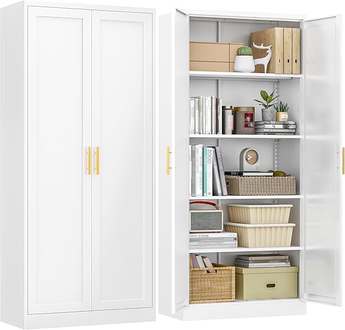 Kitchen Pantry Cabinet,71??Metal Tall Pantry Storage Cabinet with Doors and 4 Adjustable Shelves,Kitchen Storage Cabinets White Freestanding Food Cabinet for Pantries, Kitchen, Livingroom, Dining Room