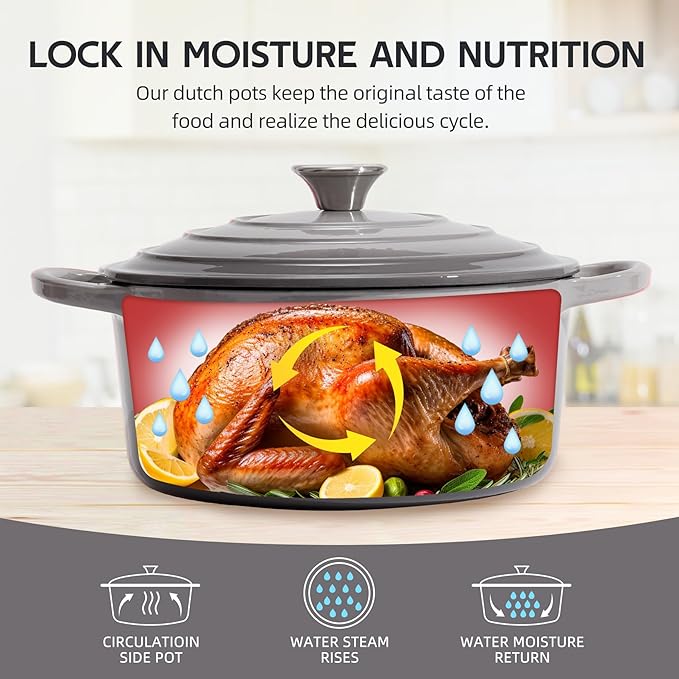 6 Quart Dutch Oven Enameled Cast Iron with Lid - Big Dual Handles - Oven Safe up to 500째F - Classic Round Pot for Versatile Cooking (Light Gray, 6 QT)