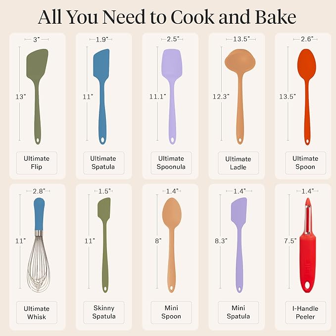GIR: Get It Right 10-Piece Silicone Ultimate Kitchen Utensil Set ??Spatulas, Ladle, Flip, Spoons, Whisk, Peeler & Spoonula ??Nonstick, Non-Toxic, Heat-Resistant ??Mediterranean