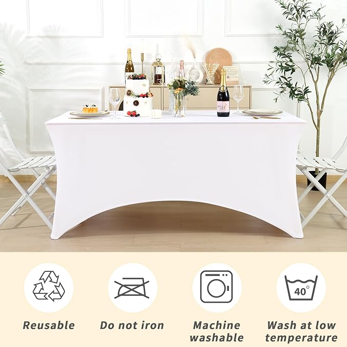 Fixwal 6 Pack 8ft Spandex Table Covers for 8 Foot Tables, Fitted Tablecloths Rectangle Folding Tables, Stretch Rectangular Table Cloths for Wedding, Banquet, Party (White, 96L x 30W x 30H Inch)