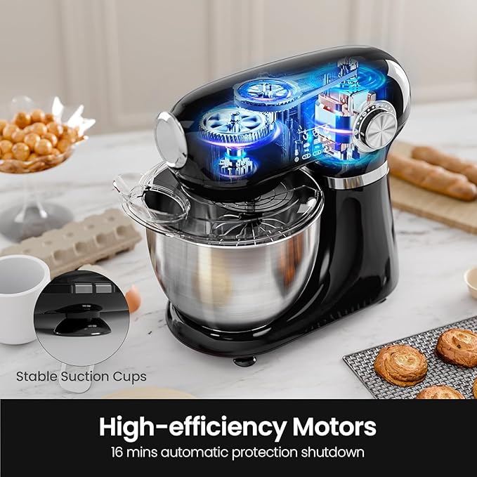 Kismile 5.5QT Tilt-Head Stand Mixer, 12-Speed Electric Kitchen Mixer with 304 Stainless Steel Bowl - Includes Dough Hook, Whisk, Beater for Baking Bread, Cakes, Cookies（Black）