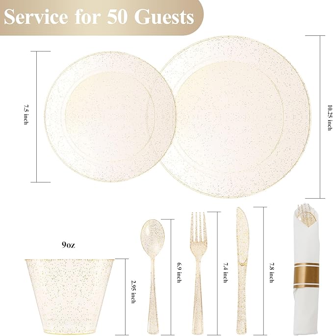 350 PCS Transparent Base With Pink Tint Plastic Dinnerware Set for 50 Guests, 100 Plates for Party, 50 Pre Rolled Napkins with Gold Silverware, 50 Cups