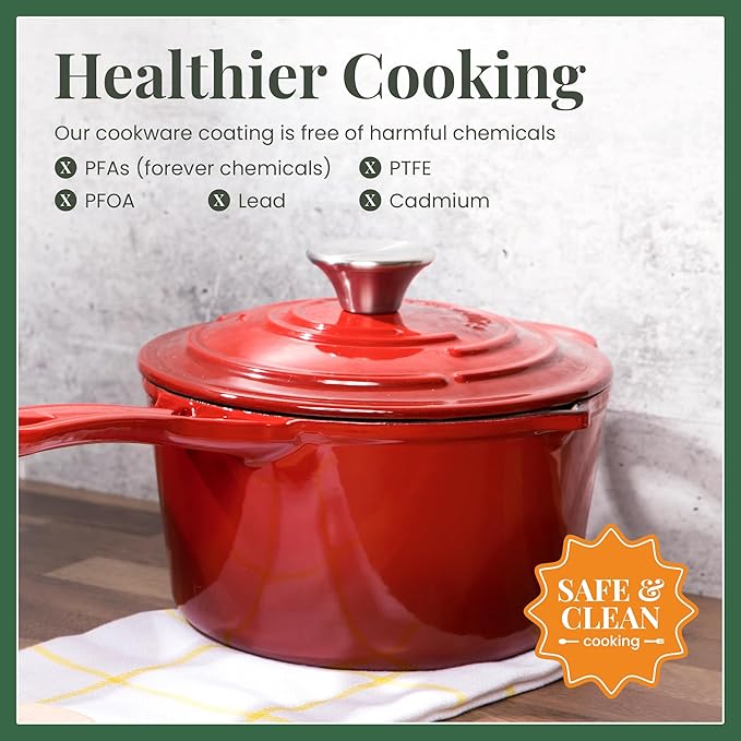Larder & Vine Enameled Cast Iron Saucepan | 2.2 qt Sauce Pan with Lid | Saucepan with Pour Spouts | Enameled Cast Iron Pot Compatible on All Cooktops & Oven Safe to 500째 F | Cabernet