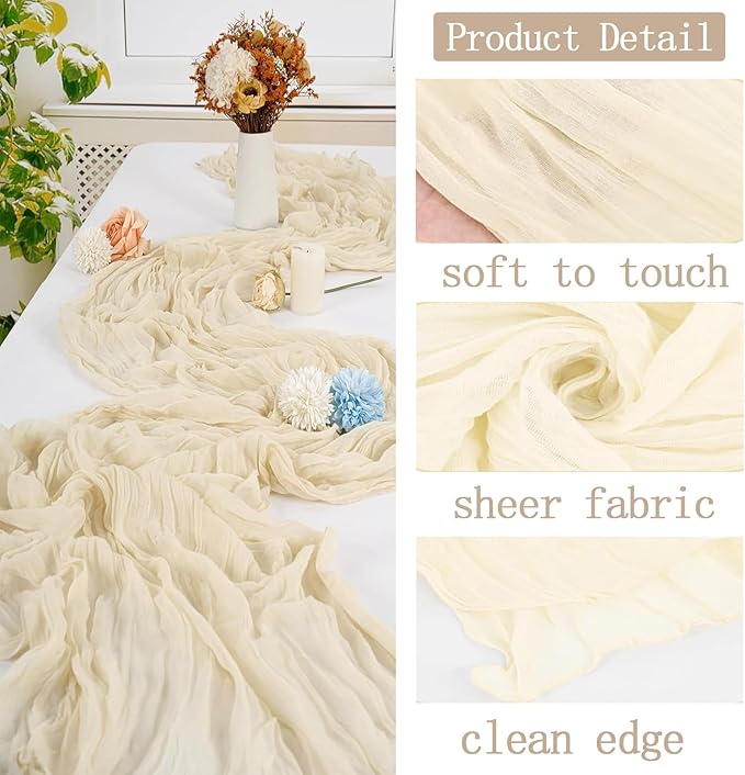 4 Pack Ivory Cheesecloth Table Runner 20 x 120 inch Gauze Table Runners 10 FT Long,Semi Sheer Cheese Cloth Fabric Table Runner Bulk for Wedding,Party,Baby Shower,Bridal Shower Decoration