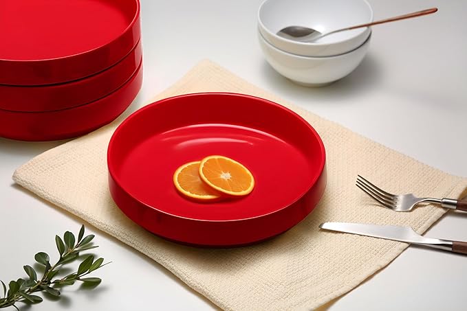 KooK Ceramic Large Pasta Bowls, Microwave and Dishwasher Safe, Great for Soups and Salads, Shallow Serving Bowls, Glossy Porcelain, 47 oz, Set of 4, Cherry Red